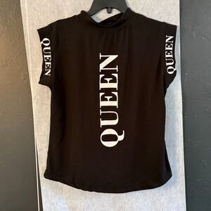 Ko.Ko.Ailis Womens Queen Graphic Mock Neck Cap Sleeve Top Black Large